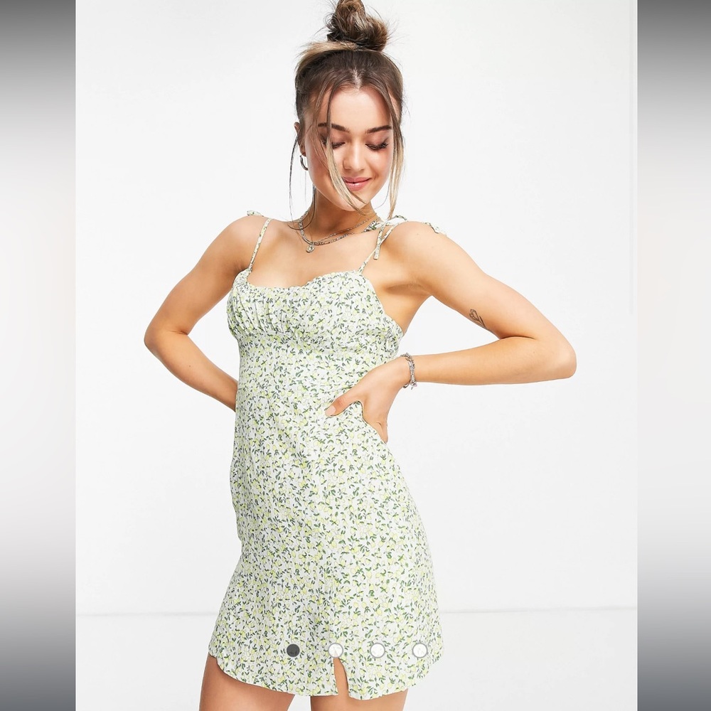 Pull&bear cami dress w/ frill hem in blue & lemon print, size medium, sold out!